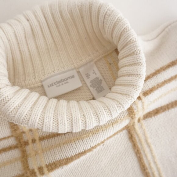 Vintage Liz Claiborne Cream w Brown Cross Pattern Knit Turtleneck Sweater S - Picture 10 of 10